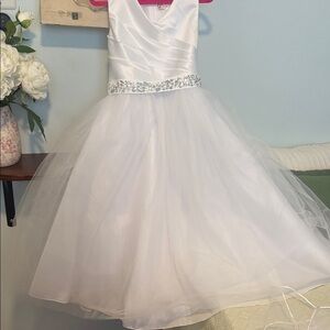 White Girls' Satin & Tulle Party Dress with Jewel Waist